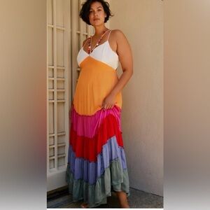 Festive ANTHROPOLOGIE Rainbow V-neck Maxi Dress